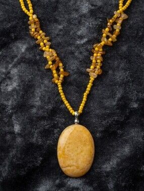 Handcrafted Boho Yellow Jasper Chip & Seed Bead Pendant Necklace CC